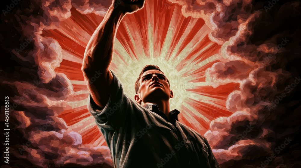 A powerful figure, arm raised in triumph, amidst a backdrop of radiant, sunburst clouds.