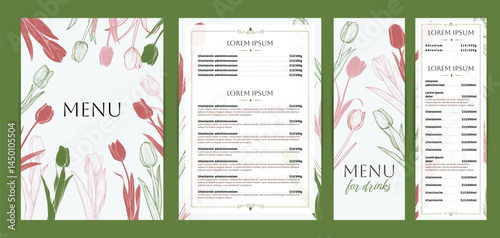Elegant food and drinks menu designs. Restaurant menu template. Beautiful vector A4 format with high quality flowers for print and online usage. Saturated hand drawn line art tulips illustrations.