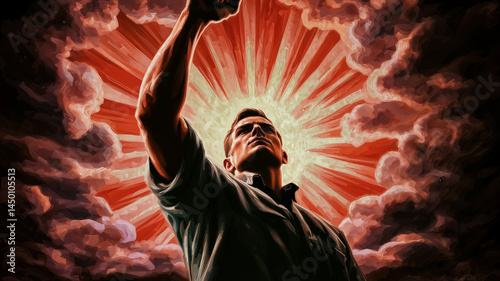 Obraz na płótnie A powerful figure, arm raised in triumph, amidst a backdrop of radiant, sunburst clouds. w salonie
