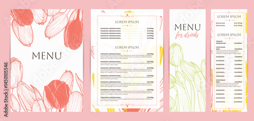 Elegant pink food and drinks menu designs. Restaurant menu template. Beautiful vector A4 format with high quality flowers for print and online usage. Hand drawn line art tulips illustrations.