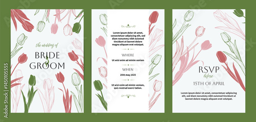 Colorful saturated and bright beautiful wedding invitations. Modern and joyful A4 vector format design with highly detailed flowers for print and online usage. Hand drawn tulips illustrations
