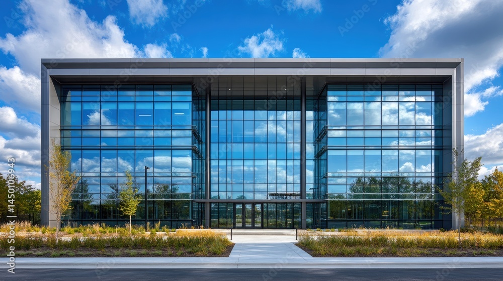 Obraz premium Modern glass-fronted office building under a partly cloudy sky.