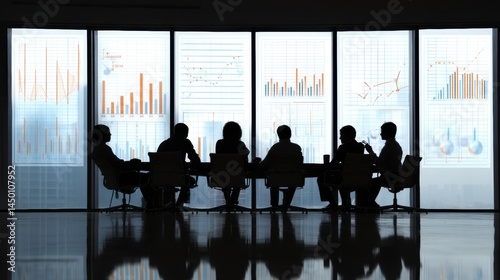 A corporate meeting with a team presenting a business plan, with large digital screens displaying financial charts