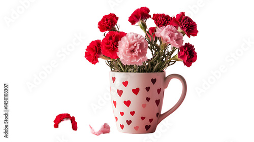 A heart patterned mug filled with red and pink carnation flowers on a white background
