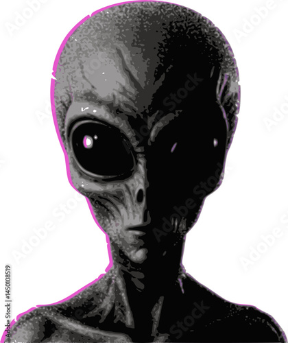 Alien halftone bitmap collage element on transparent background, Alien y2k collage element, Extraterrestrial grunge photocopy magazine clipping with isolated clipping path