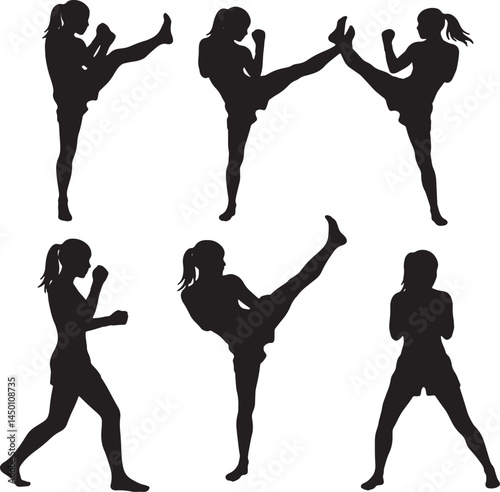 Female Martial Arts Silhouettes: Kickboxing & Fighting Poses | Vector Set