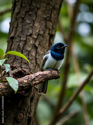 black-faced honeycreeper - rare bird on a branch of an old tree in the rainforest,