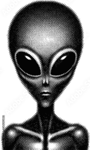 Alien halftone bitmap collage element on transparent background, Alien y2k collage element, Extraterrestrial grunge photocopy magazine clipping with isolated clipping path	