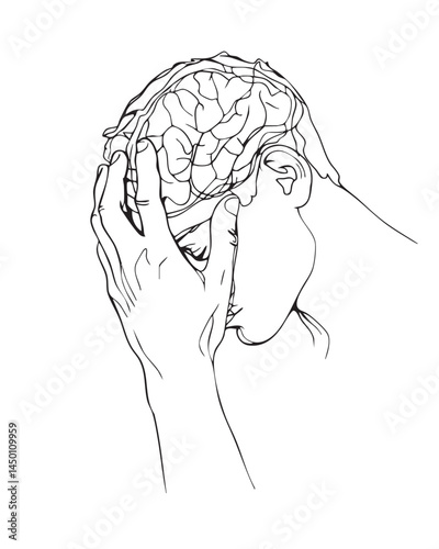 Mental Overload Line Art – Anxiety and Stress Vector Illustration