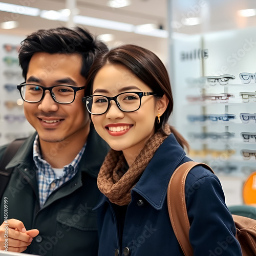 Asian couple shopping for eyeglasses
