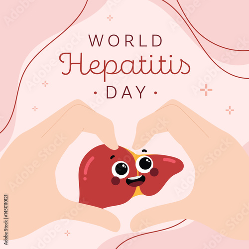 Flat style poster layout for World Hepatitis Day featuring an open hand gesture representing awareness, compassion, and the importance of giving support to others.