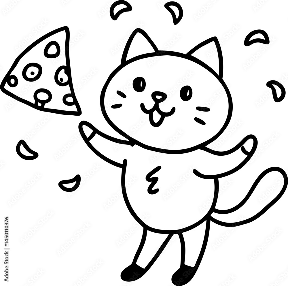 Obraz premium 고양이, 캐릭터, 만화, 벡터, 그리기, 미술, 재미, 피자, 먹을것, 귀여운, 미소, 치즈, 해피, 익살