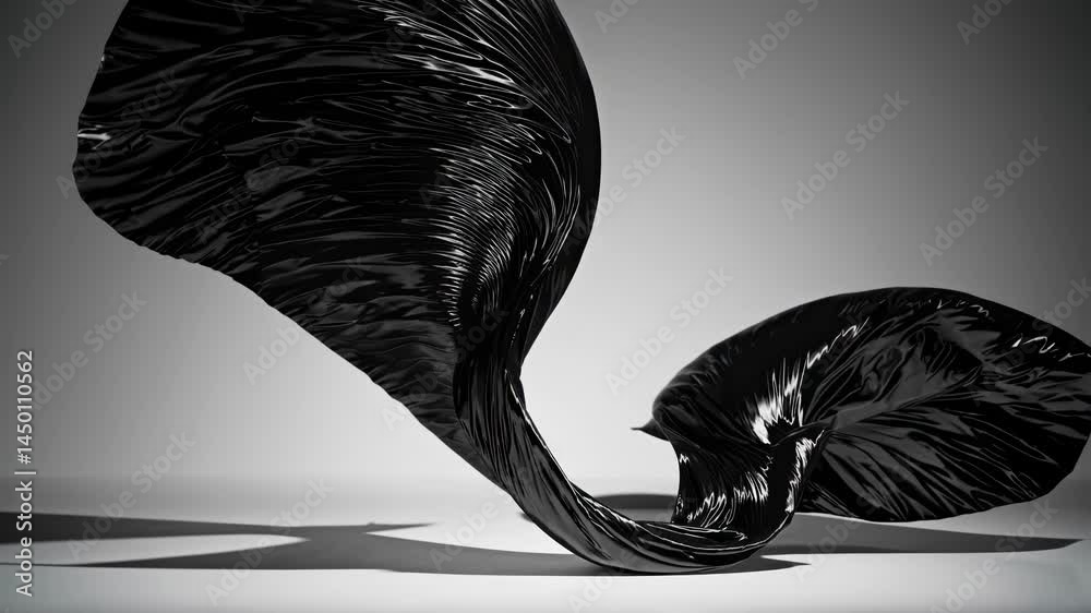 Black flowing abstract form twists elegantly on bright surface, expressing imaginative modern style, bold motion, creative approach, innovative artistic direction, movement