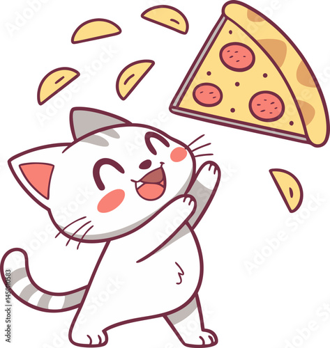 고양이, 캐릭터, 만화, 벡터, 그리기, 미술, 재미, 피자, 먹을것, 귀여운, 미소, 치즈, 해피, 익살