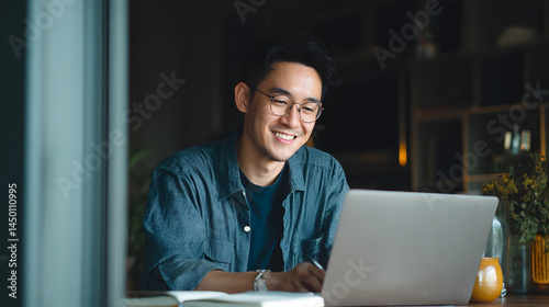 Asian man working from home on his laptop, young adult chinese male smiling and having a business call