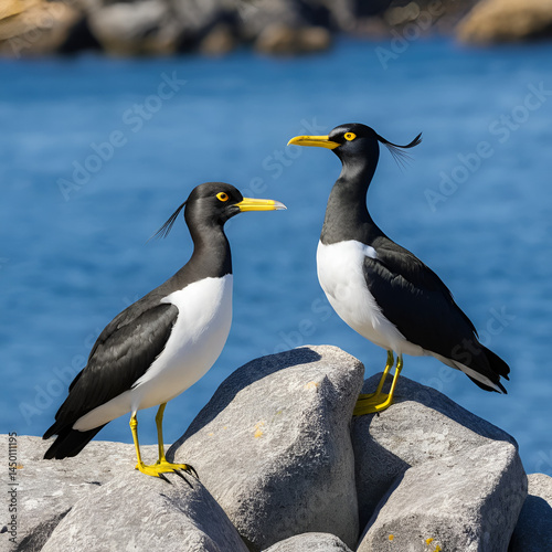 Two Masked Lapwing (vanellus miles novaehollandiae) and a black-faced cormorant (phalacrocorax fuscescens) perched on a rocky outcrop, Port Arthur, Tasmania