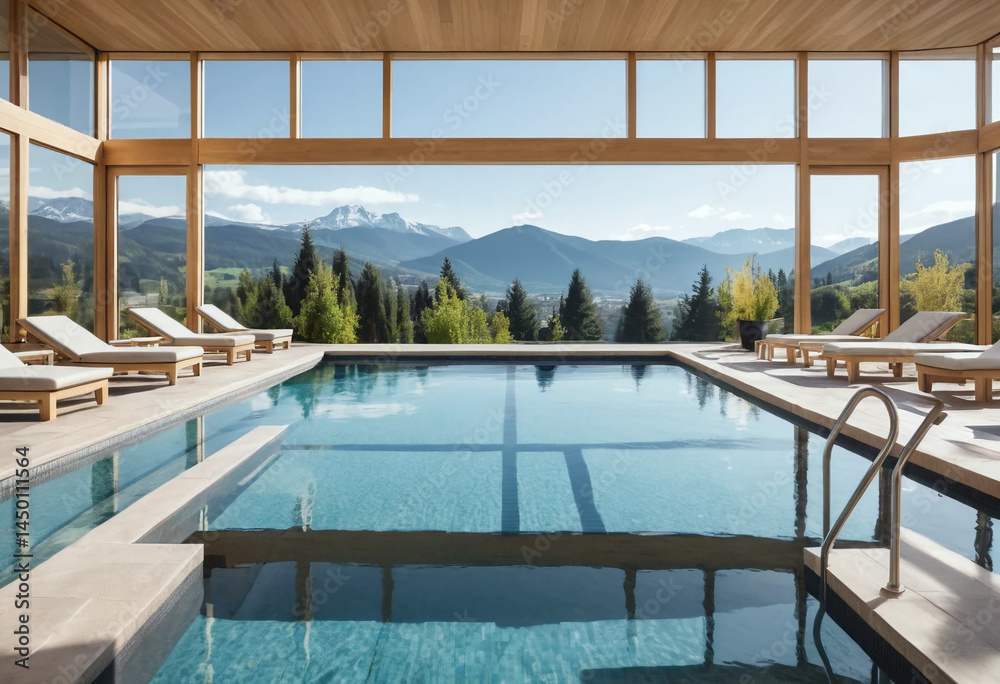 Modern Health Spa Relaxation Pool with Serene Mountain View and Luxury Wellness Ambiance, Generative AI Modern Health Spa Relaxation Pool with Serene Mountain View and Luxury Wellness Ambiance, Generative AI