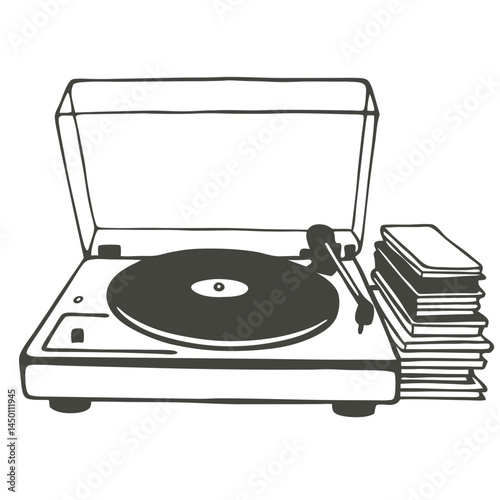 Vintage turntable with vinyl records in minimalist style  