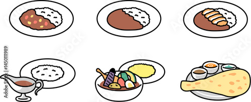 シンプルなカレーのバリエーションセットのイラスト