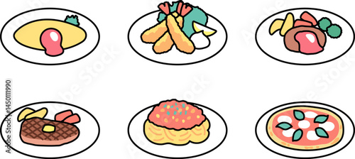 シンプルな洋食のバリエーションセットのイラスト
