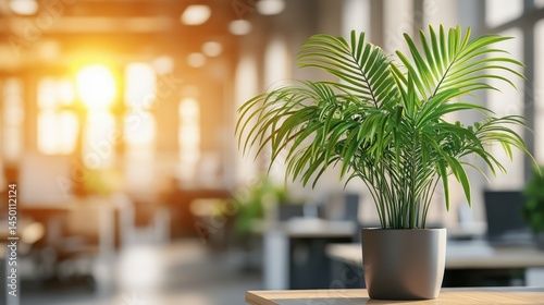 Sunlight highlighting a potted plant in a modern office space.