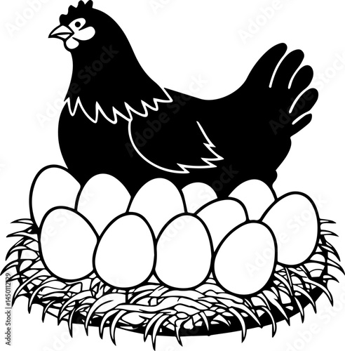 Hen Sitting on Nest with Eggs - Black and White Vector Illustration for Farm and Agriculture Concepts