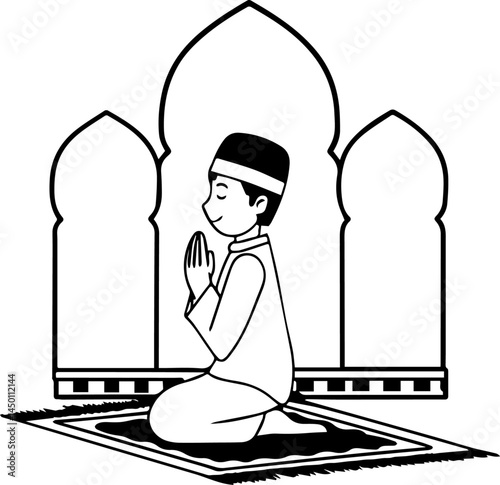 Muslim Boy Praying in Mosque – Black and White Islamic Illustration for Education and Print