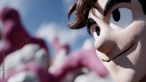 Cartoon character portrait, cheerful expression, outdoors setting