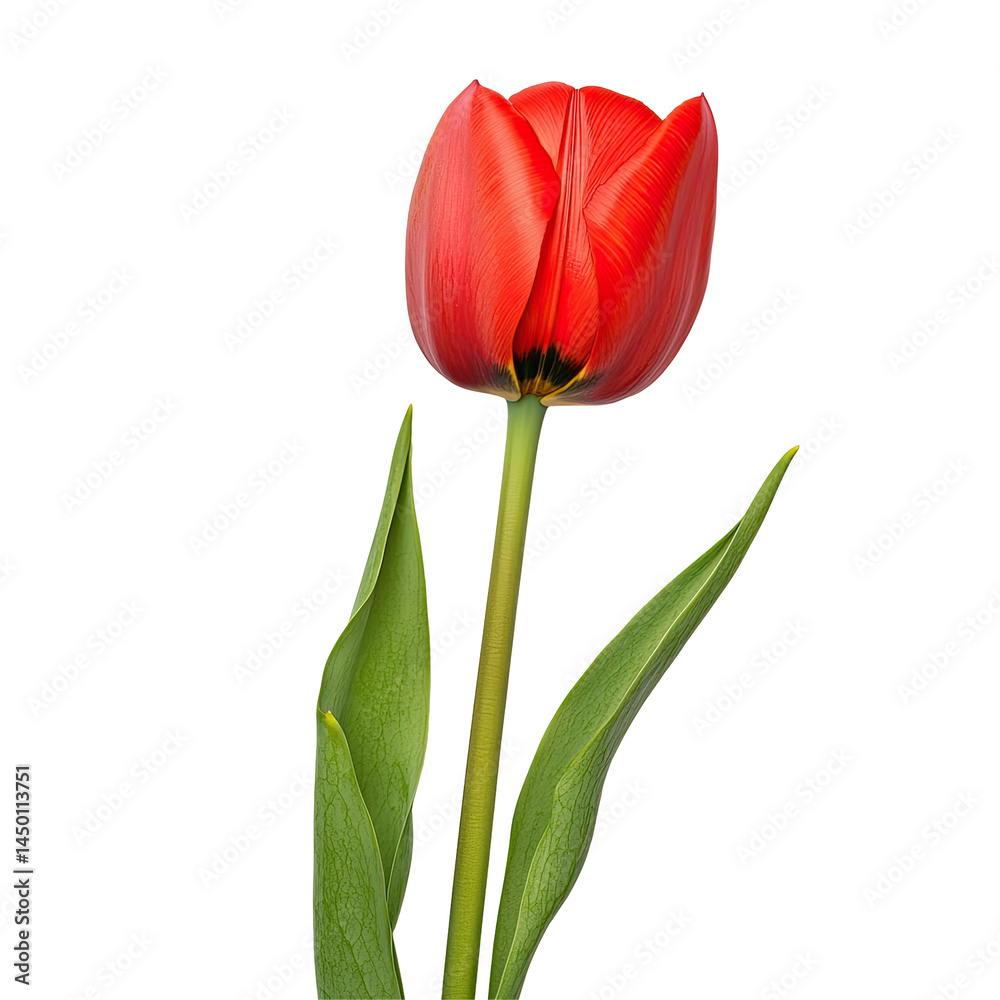 Close-up of a vibrant red tulip with green leaves. Detailed view of the flower's petals and stem Close-up of a vibrant red tulip with green leaves. Detailed view of the flower's petals and stem