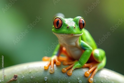 Green tree frog perched on white, vibrant skin, bright, green