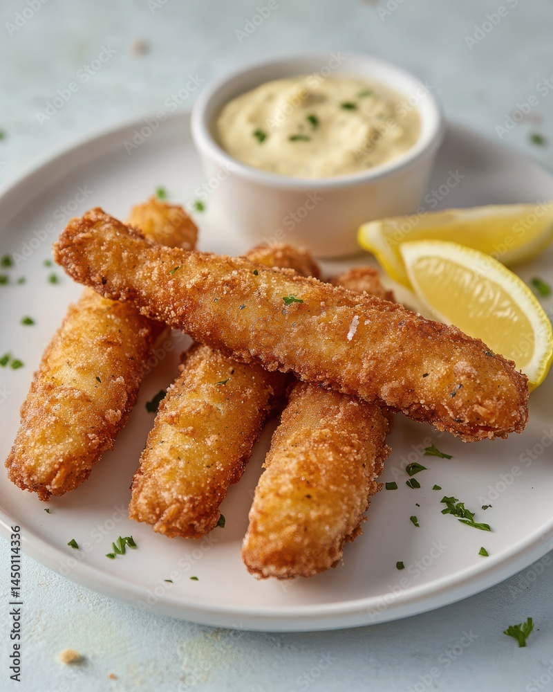 Crispy Golden Fish Sticks with Lemon and Dip on a White Plate Crispy Golden Fish Sticks with Lemon and Dip on a White Plate