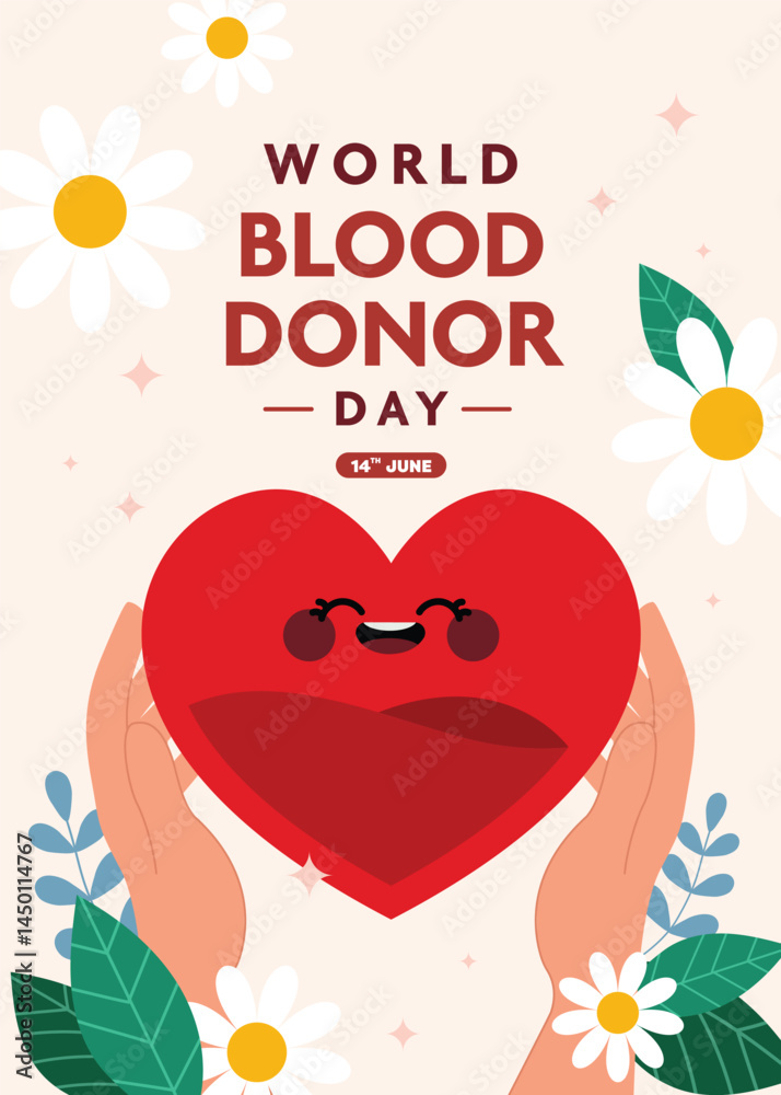 Flat design poster layout for World Donor Day featuring a hand gesture symbolizing giving, emphasizing awareness, compassion, and the importance of donation.