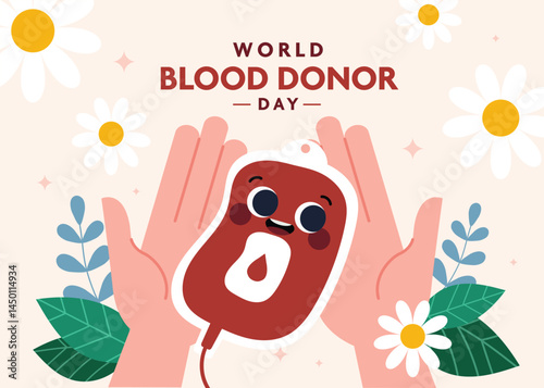 Flat design poster layout for World Donor Day featuring a hand gesture symbolizing giving, emphasizing awareness, compassion, and the importance of donation.