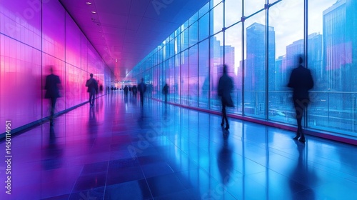 Blurred figures walk in a modern building with large windows and colorful lighting.