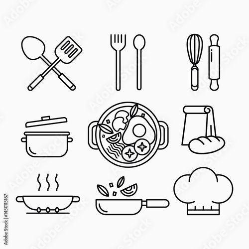 Collection of cookware icons featuring pots, pans, utensils, and kitchen tools. Perfect for recipe design, cooking apps, restaurant menus, and culinary branding.