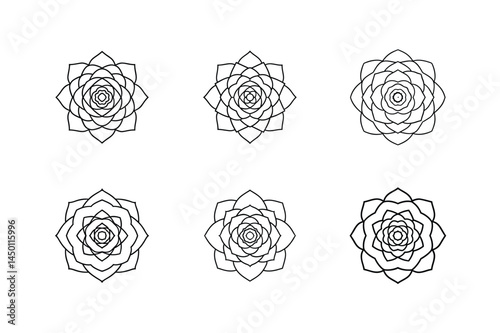 Set of Rose-Shaped Mandalas with Delicate Vector Linework on White