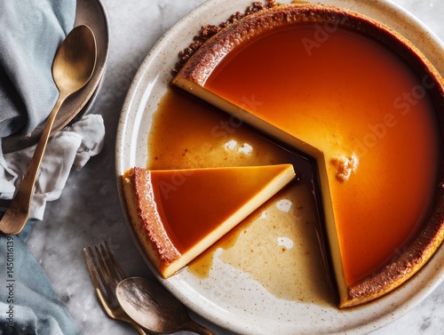 A golden caramel flan dessert with a piece cut out, ready to be served, close-up shot.