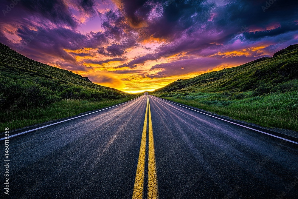 Naklejka premium Scenic road to horizon beneath dynamic twilight sky landscape photography