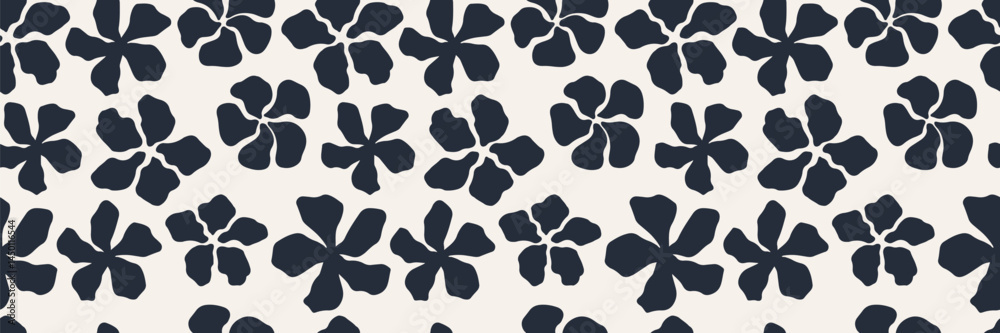 Minimalist seamless floral pattern with bold black flower silhouettes on a white background. Elegant botanical design for textiles, wallpapers, wrapping paper, and modern creative projects. Vector art