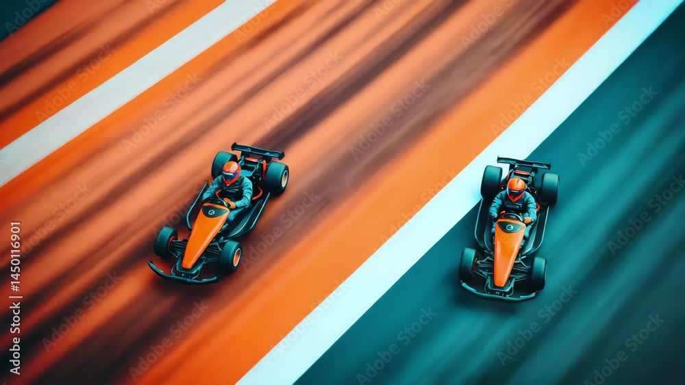 Thrilling Go Kart Race Two Drivers Speeding on Parallel Tracks Dynamic Aerial View of Intense Competition