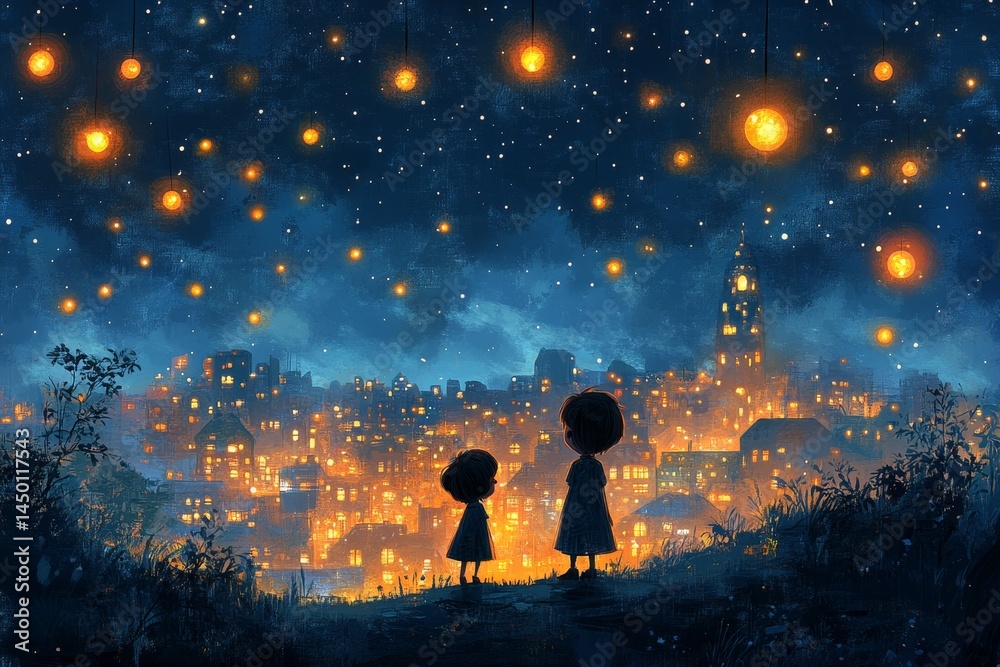Obraz premium Children watch city lights, magical lanterns, night sky