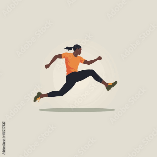 Athlete jumping in orange shirt against neutral background, with copy space