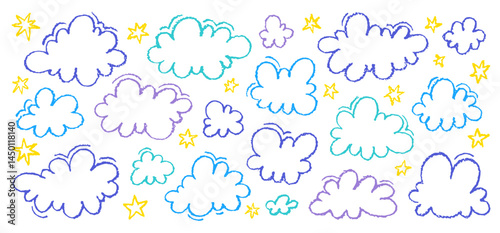 Cloud with crayon texture. Pencil kid hand drawn sky background. Line cloud star blue color sky. Crayon chalk pastel illustration. Brush paint element. Pencil kid shape, rain child baby vector bg art