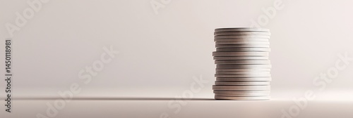 A tall stack of silver coins placed on a smooth surface with a neutral background