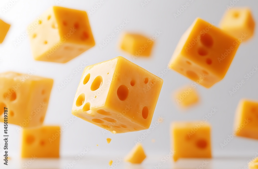 Floating cheese cubes on a white background Floating cheese cubes on a white background