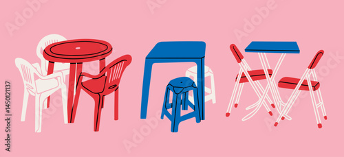 Plastic furniture set. Colorful tables and chairs, plastic portable seats. Asian cafe, coffee table, street food, local food concept. Hand drawn modern Vector illustration. Isolated design elements