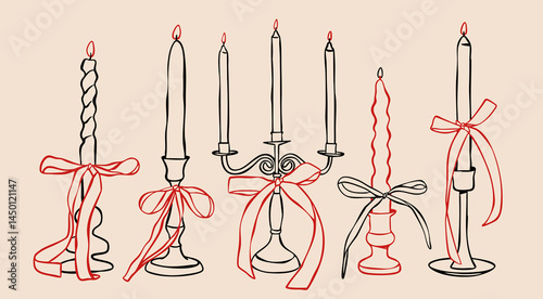 Various Candles in candlesticks with bow ribbons. Different shapes, types. Outline vintage candle holder, candelabrum. Hand drawn modern Vector Illustration. Isolated design elements
