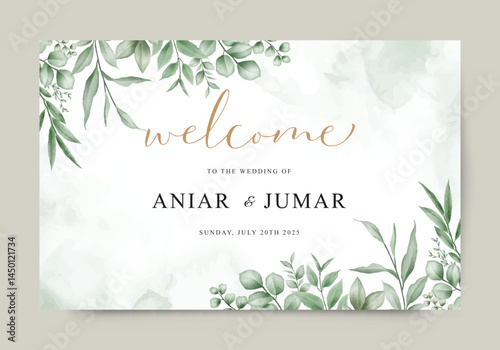 Wedding welcome card template set with green plants for cover, banner, card, etc.