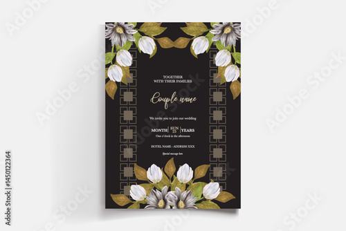 WEDDING INVITATION FRAME WITH FLOWER DECORATIONS AND FRESH LEAVES