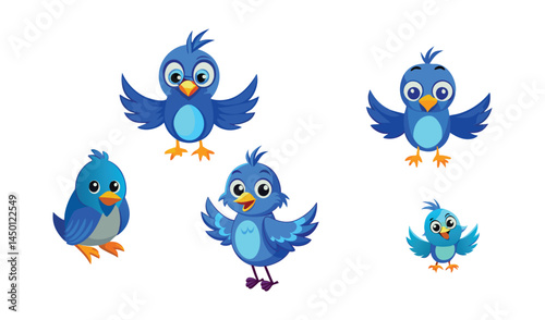 Cute blue birds cartoon characters set illustration